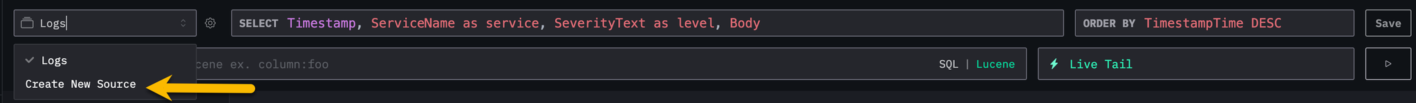 HyperDX create new source